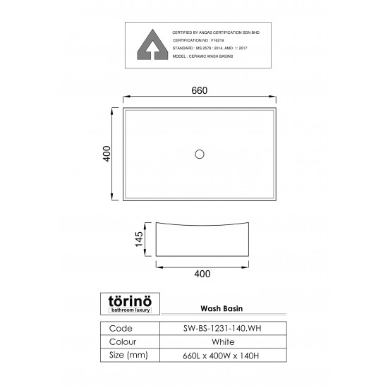 Counter Top Wash Basin SW-BS-1231-140.WH