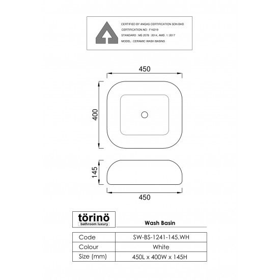 Counter Top Wash Basin SW-BS-1241-145.WH