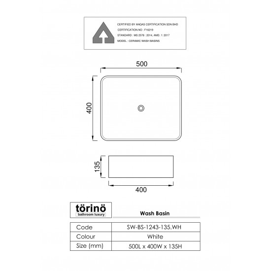 Counter Top Wash Basin SW-BS-1243-135.WH