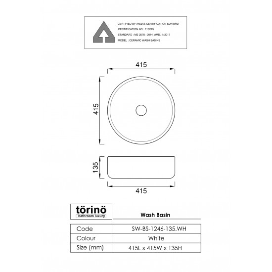 Counter Top Wash Basin SW-BS-1246-135.WH