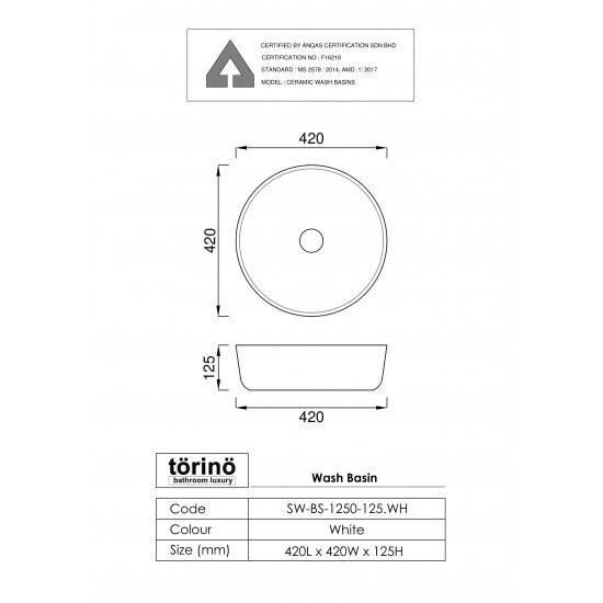 Counter Top Wash Basin SW-BS-1250-125.WH